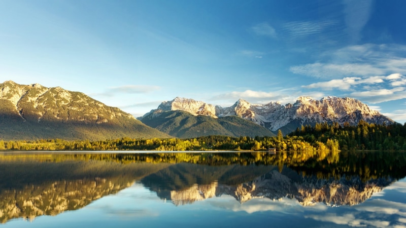 symmetry, outdoors, tranquility, water, tranquil scene, scenics - nature, leafed, mountain peak, reflection lake, forest, beauty in nature, snowcapped mountain