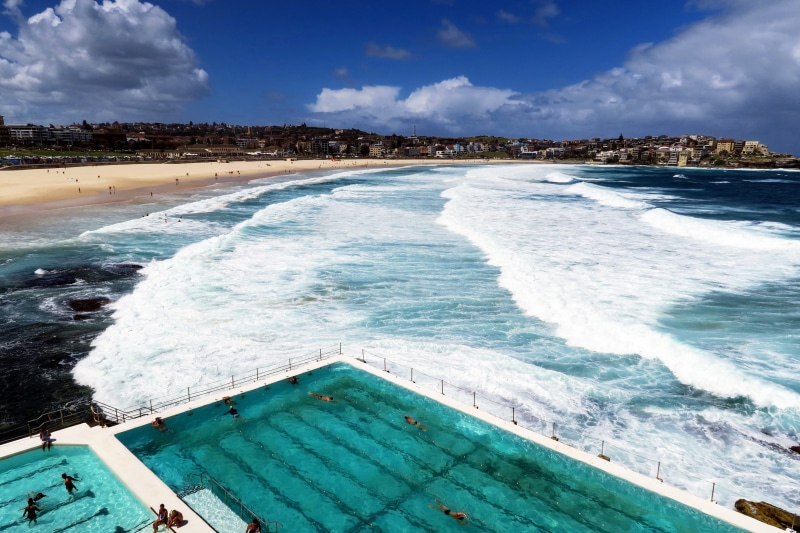 sea, wave, surfing, bondi icebergs pool, outdoors, beauty in nature, pool, day, 4K, turquoise colored, power in nature, sky, scenics - nature, waves, cloud - sky