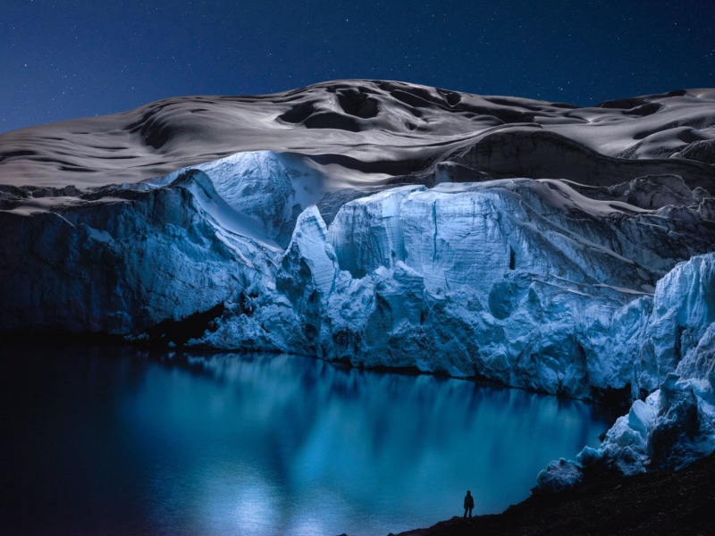 water, blue, landscape, winter, nature, iceberg, ice, 720P, night, clear sky, snow, Reuben Wu, reflection, stars, lake, silhouette