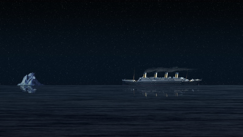scenics - nature, night, Titanic, ship, nautical vessel, history, mode of transportation, water, beauty in nature, waterfront, motion, 2K, transportation