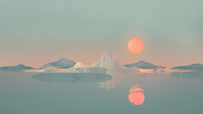 reflection, sun, beauty in nature, water, digital art, clear sky, sunset, tranquility, mountain, digital composite, 1080P, lagoon, tranquil scene, land