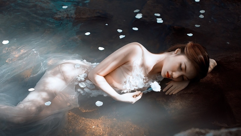 1080P, adult, hairstyle, relaxation, water, floating on water, nature, contemplation, outdoors, brown hair, beauty, young women, high angle view, eyes closed