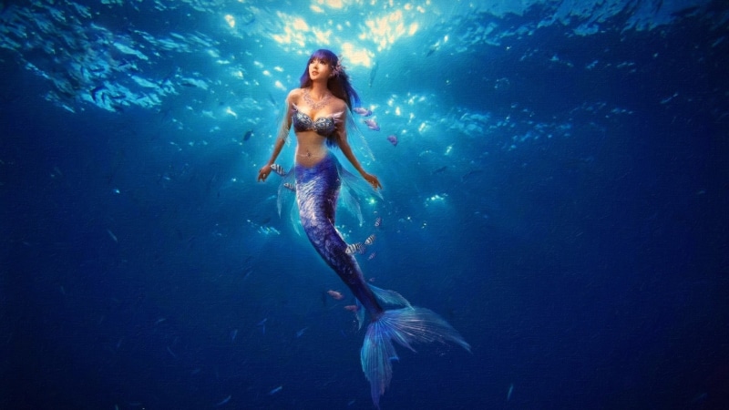 beautiful woman, illustration, young adult, 2K, underwater, animals in the wild, marine, blue, sea life, fantasy, women, undersea, adult, mermaids, one person