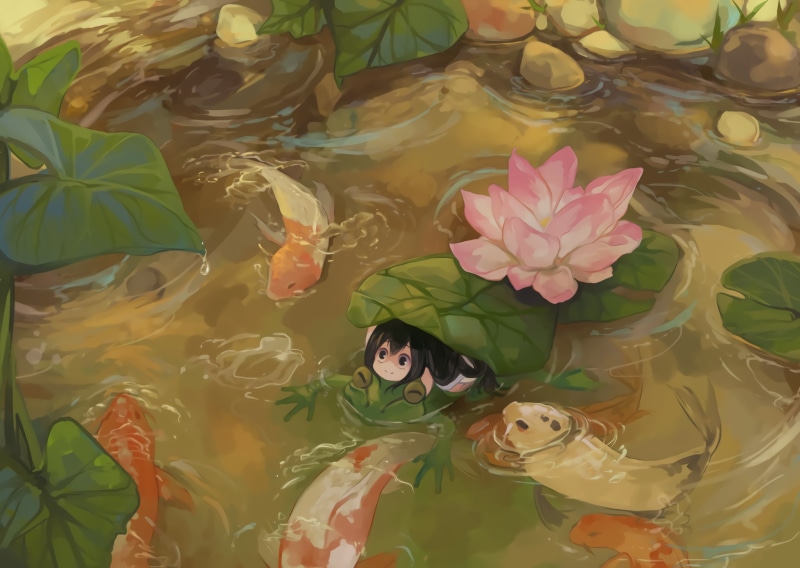 Tsuyu Asui, front view, high angle view, leaf, water, lifestyles, 1080P, flowering plant, anime girls, outdoors, sea, real people, underwater, flower