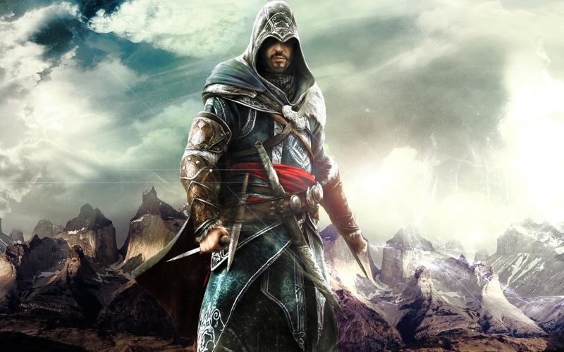 rock, assassin, cloud - sky, creed, portrait, Revelations, danger, rock - object, solid, weapon, one Person, extreme Sports, three quarter length, himalayas