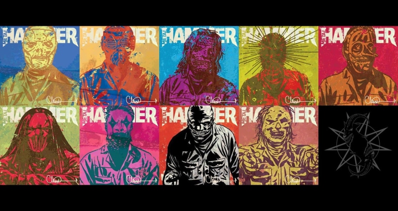 human representation, Slipknot, Nu Metal, no people, representation, male likeness, side by side, multi colored, female likeness, indoors, western script
