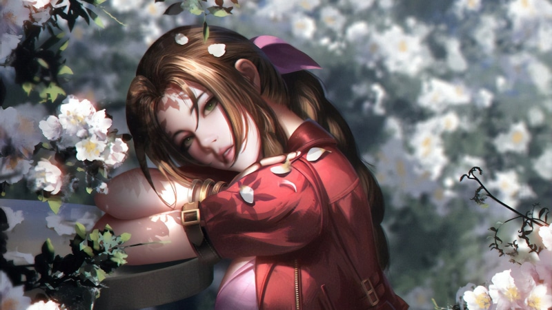 flowering in the spring, Aerith Gainsborough, petals, red, light and shadow, 1080P, face, Final Fantasy, by Liang Xing, red dress