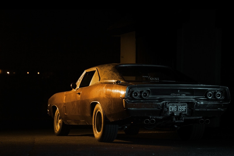 dodge, 70s, 60s, city, studio shot, 2K, charger, brown, black background, street, 1968, muscle, vintage car, illuminated, no people, retro styled, plymouth