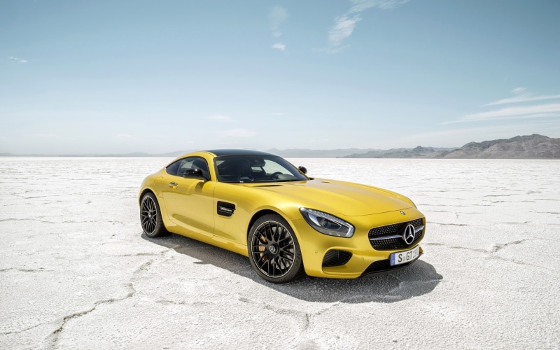 Mercedes-Benz, outdoors, motor vehicle, beach, scenics - nature, sky, nature, vehicle, sand, no people, car, desert, yellow cars, 2K, horizon, Mercedes-AMG GT