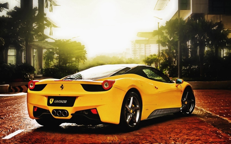 built structure, architecture, plant, outdoors, Ferrari 458, vehicle, road, sunlight, no people, taxi, Ferrari 458 Italia, mode of transportation, 2K