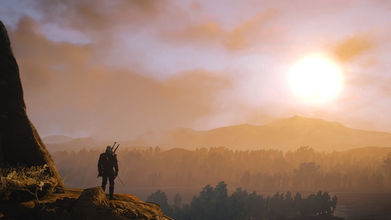 men, standing, cloud - sky, video games, The Witcher 3: Wild Hunt, one person, Geralt of Rivia, beauty in nature, lifestyles, activity, tranquil scene