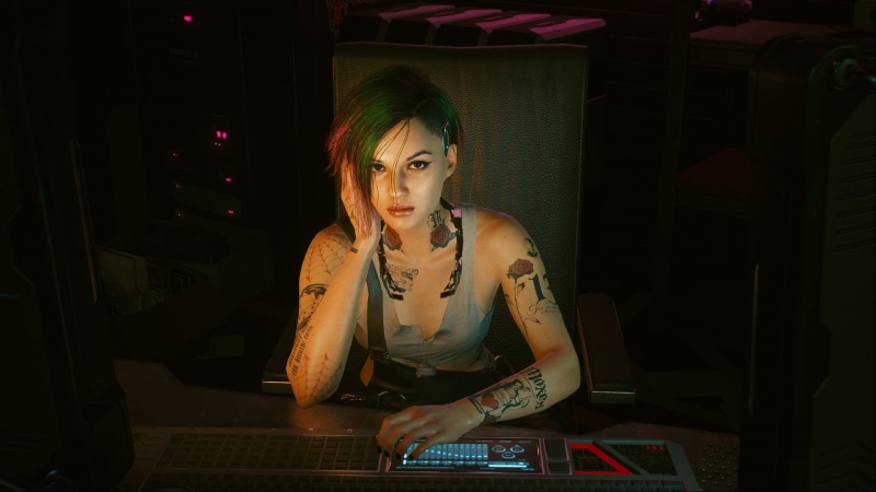 Judy Alvarez, green hair, hands in hair, 1080P, looking at person, hand on face, tattoo, looking at viewer, hand on head, CD Projekt RED, video game girls