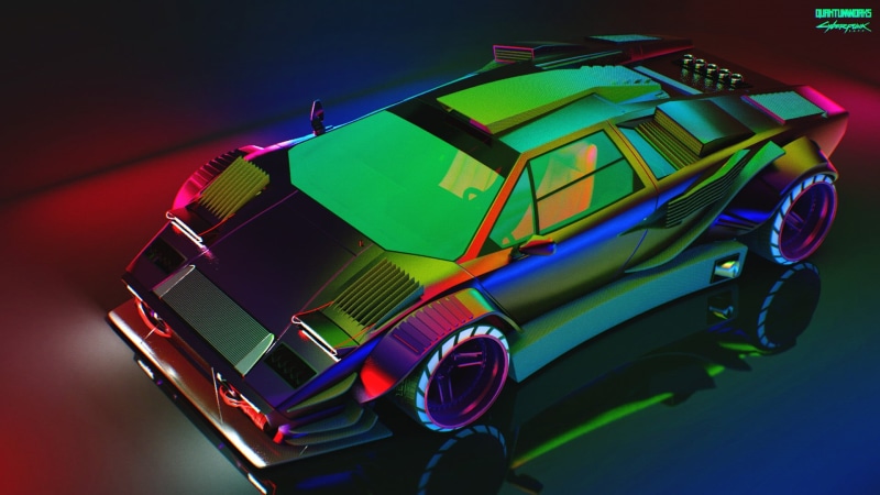by QUANTUM WORKS, Rendering, Car, QUANTUM WORKS, Cyberpunk 2077, Cyber, 2077, Concept Art, Lamborghini, Countach, Machine, Neon, Reflection, Cyberpunk