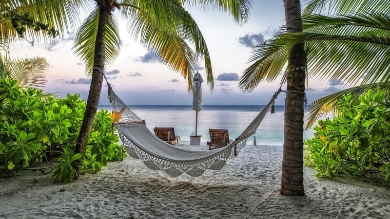 palm tree, landscape, outdoors, tranquil scene, tropical, tropical climate, water, hammock, land, beach, tree, horizon, sea, idyllic, sky, horizon over water