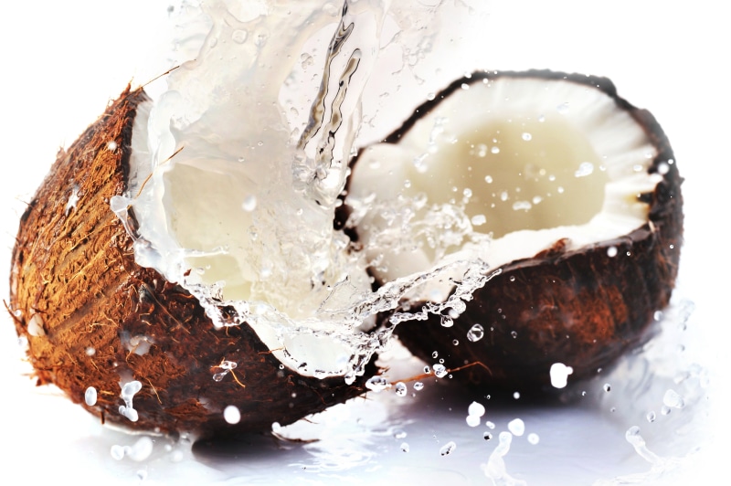 freshness, still life, coconut, no people, 8k, water, food, white background, 5K, white color, studio shot, sweet food, chocolate, refreshment, indoors