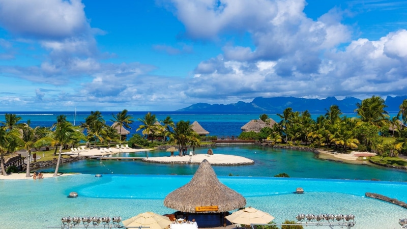 nature, tree, beauty in nature, landscape, no people, hut, idyllic, horizon over water, nipa, luxury, tropical, plant, swimming pool, beach, water, sky