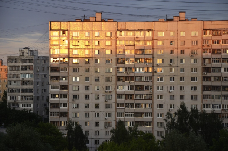 Apartment, in a row, outdoors, city life, housing development, 4K, nature, housing, sunset, russia, yard, residential building, tree, House, panel house