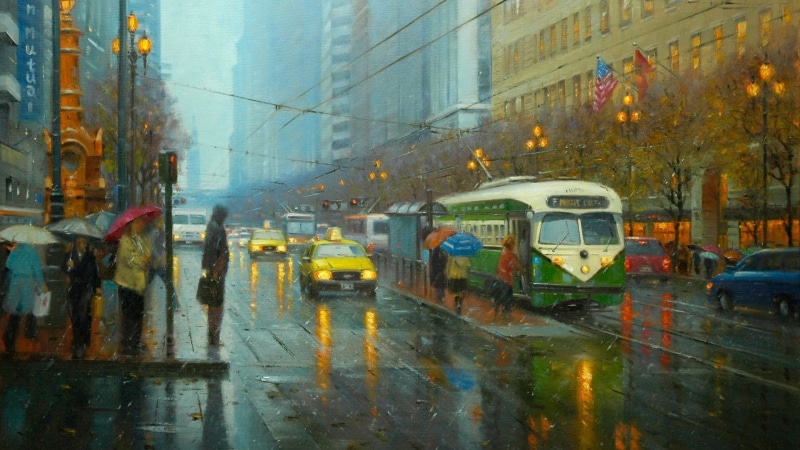 architecture, rain, outdoors, 1080P, car, mode of transportation, transportation, incidental people, building exterior, motor vehicle, street, land vehicle