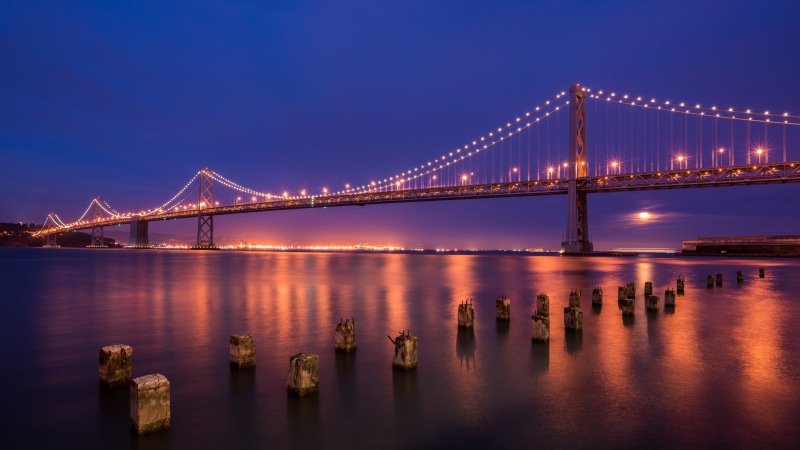san francisco, san francisco bridge, 4K, san francisco oakland bay bridge, california, san francisco–oakland bay bridge, bridge, sky, bay bridge, dusk