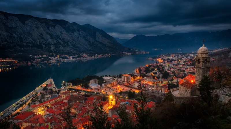 bay, bay of kotor, cityscape, 1080P, mountain, evening, dusk, cloudy, montenegro, kotor