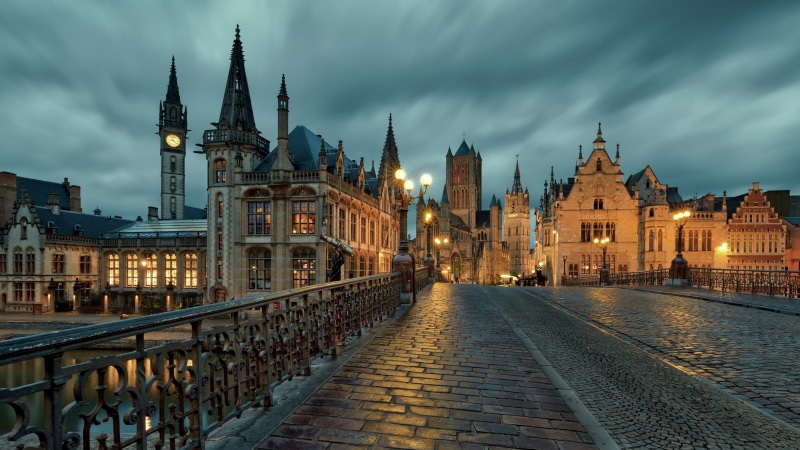 saint nicholas church, ghent, cloudy, 4K, st nicholas church, dusk, evening, europe, belgium, church