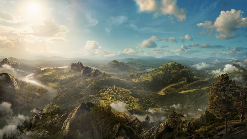 Trees, mountain, green, Clouds, Village, Mountains, Painting, Art, lush, Landscape, Hills, 1080P, Beautiful