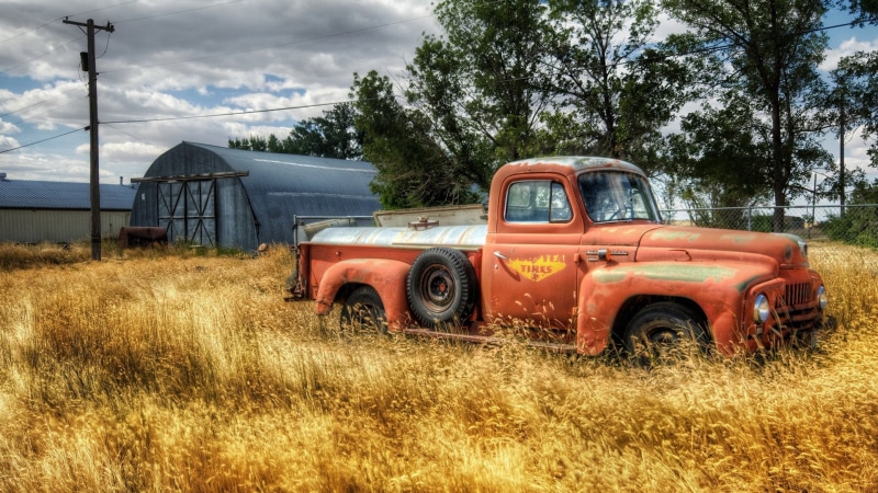 machine, 1080P, truck, tow truck, land, auto, drive, yellow, jeep, summer, old, laborer, farm machine, vintage, harvester, wheeled vehicle, sky, wheel