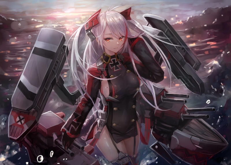 1080P, Battleship, white hair, moles, Prinz Eugen (KanColle), sea, anime girls, anime, Azur Lane, orange eyes