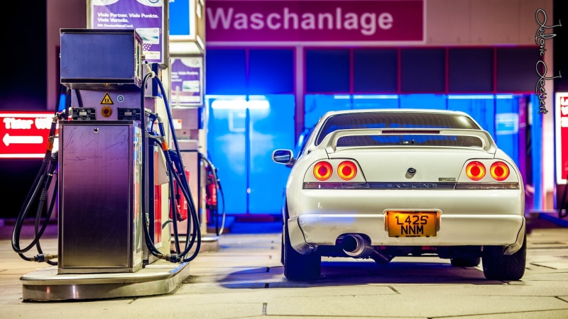 Nissan Skyline GT-R R35, illuminated, text, transportation, gas station, fuel and power generation, sign, communication, refueling, mode of transportation