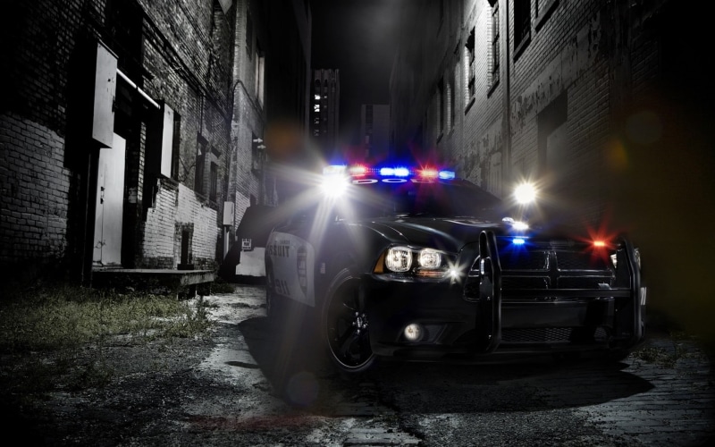 night, 1080P, outdoors, building exterior, built structure, motion, car, illuminated, black, dodge, police, mode of transportation, city, motor vehicle