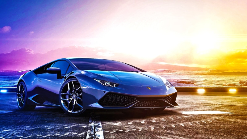 sports car, sky, coupe, Lamborghini Huracan LP 610-4 , bright, land, filter, nature, beauty in nature, blue, sunlight, sea, shiny, sunset, land vehicle