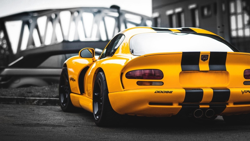 race car, sports car, car, motor vehicle, performance car, muscle car, dodge, vehicle, 4K, dodge viper, yellow car