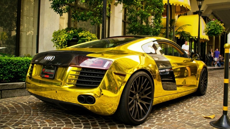 1080P, audi r8, gold car, motor vehicle, performance car, luxury vehicle, vehicle, gold, audi, sports car, street, supercar, design, car