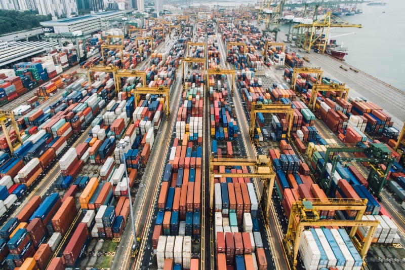 ocean, high angle view, water, industry, warehouse, transportation, container Ship, stack, pier, beside, business, mode of transportation, cargo, body