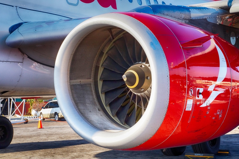 turbine, 5K, commercial Airplane, airport runway, red, rotor, sunlight, no people, close-up, El Salvador, outdoors, mode of transportation, Transport