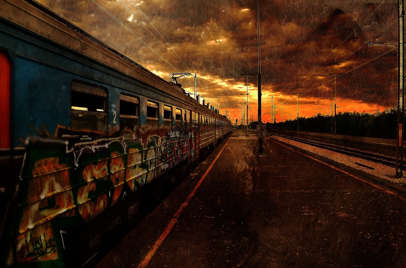 cloud - sky, destruction, architecture, abandoned, disaster, train - vehicle, transportation, mode of transportation, rail transportation, orange color