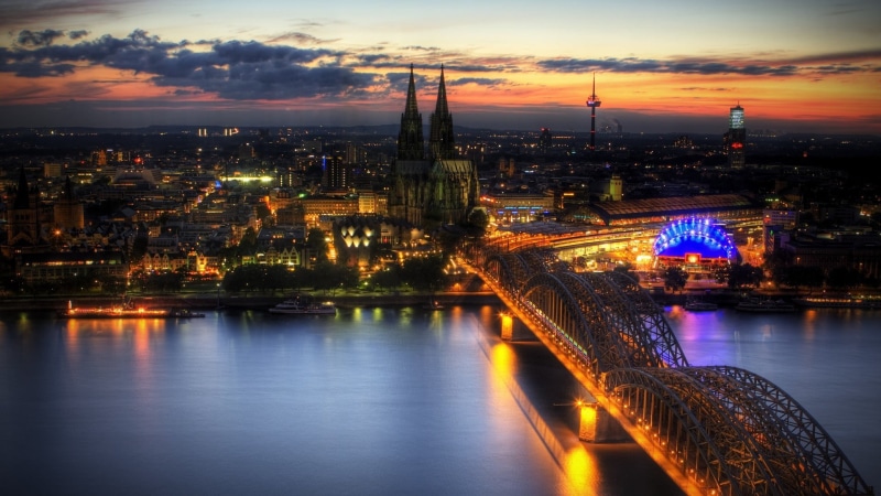 city, no people, sunset, skyscraper, clouds, cloud - sky, lights, HDR, building, building exterior, 1080P, aerial, water, connection, river, sky, reflection