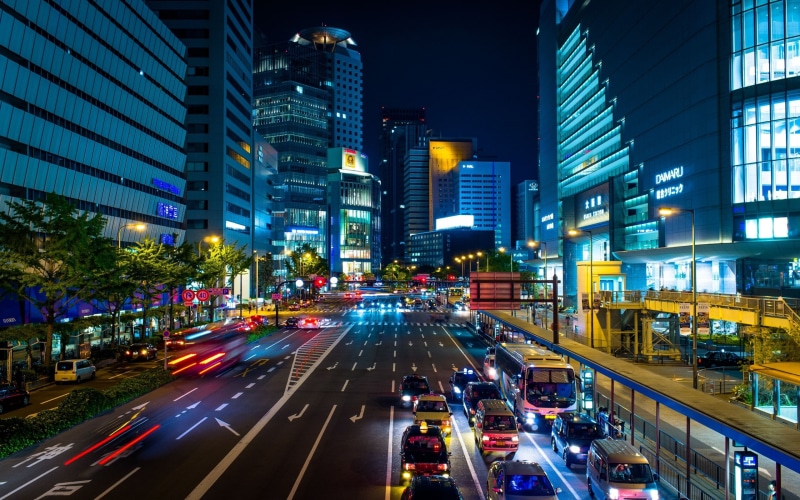 Skyscrapers, lighting, traffic, night illumination, street, 2K, metropolis, Japan, avenue, city, Osaka