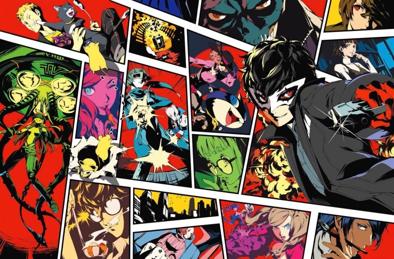 retail, large group of objects, messy, Persona 5, backgrounds, close-up, anime, indoors, 1080P, high angle view, pattern, Persona, still life, choice