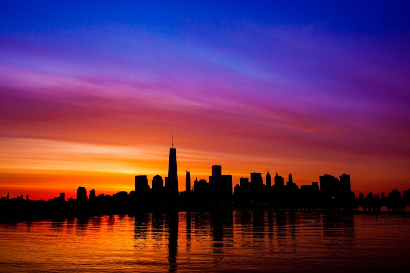 building, One World, orange and blue, Skyline, dusk, city, reflection, 5K, New York City, urban Skyline, One World Trade Center, World Trade, dom Tower