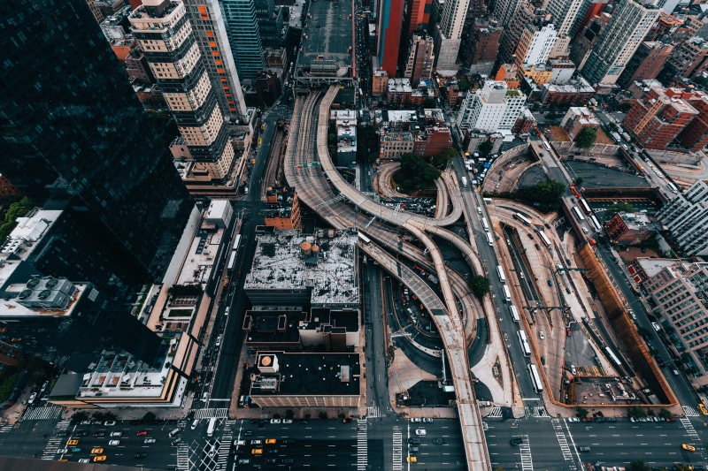 traffic, outdoors, no people, complexity, USA, Street, office building exterior, bridge, building exterior, high angle view, architecture, elevated road