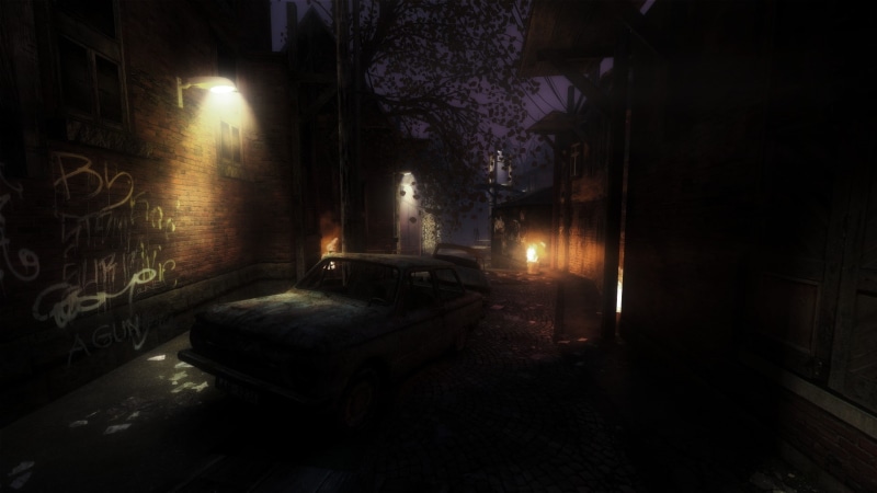 building, dark, mystery, tree, building exterior, lighting equipment, built structure, electric lamp, street, residential district, nature, plant, Ravenholm