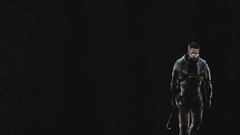 front view, Gordon Freeman, mid adult, standing, Half-Life, full length, clothing, men, cut out, black background, indoors, adult, three quarter length