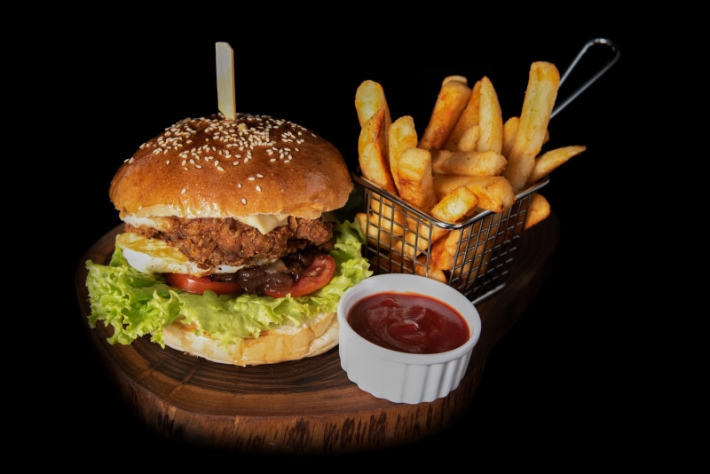 beverage, mayonnaise, bread, sandwich wrap, studio shot, bun, lunch, ketchup, relish, no people, seasoning, black background, take out food, prepared potato