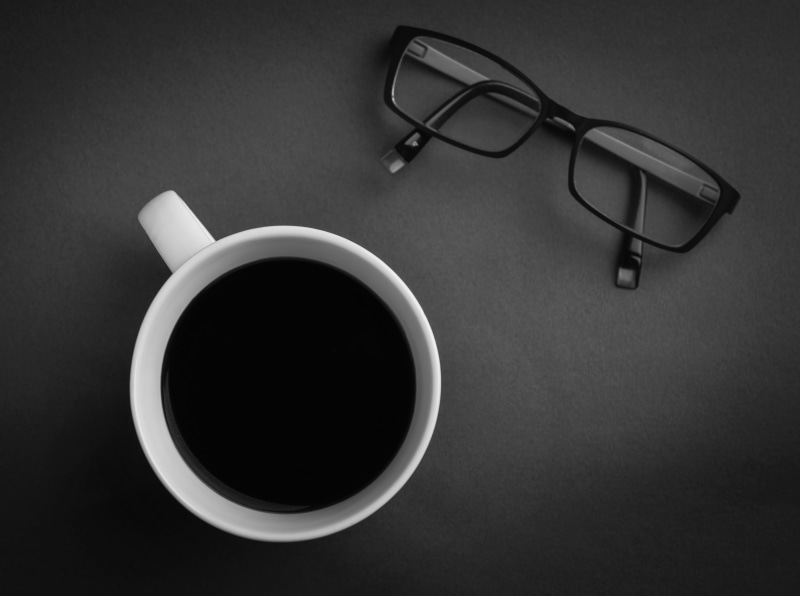 workplace, studio shot, Desk, still life, Food and Drink, coffee cup, black, indoors, white, refreshment, Business, Office, eyeglasses, healthcare and medicine