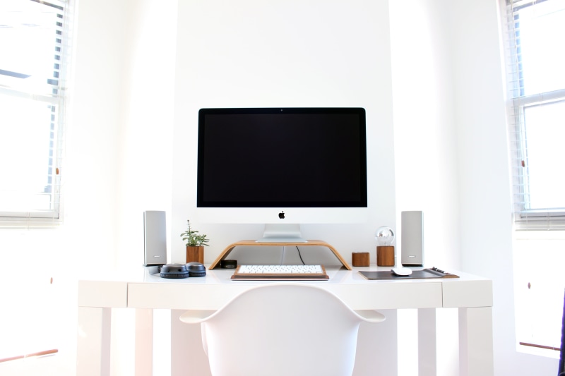 keyboard, mac, copy space, business, home office, no people, office chair, domestic room, computer, 5K, plant, wooden, computer monitor, beside, silver