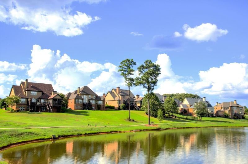 sky, summer, agriculture, daytime, near, houses, non-Urban Scene, beautiful, green Color, water, brown, landscapes, farm, building, lake, building Exterior
