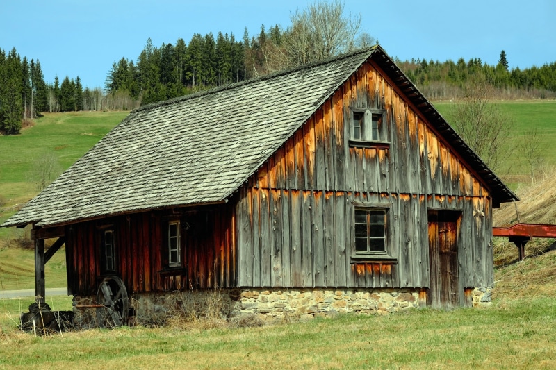 field, wooden, farm, agricultural building, black forest, tree, wood - material, barn, grass, mill, sky, cottage, idyllic, 4K, romantic, daytime, near