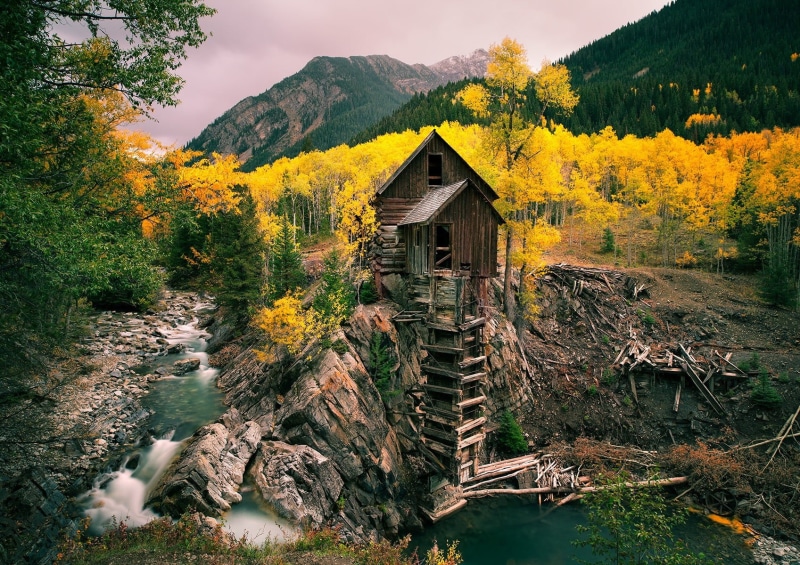 rural Scene, river, beauty In Nature, house, fall, old, orange Color, mountains, scenics, season, non-Urban Scene, growth, wooden, rock - Object, brown
