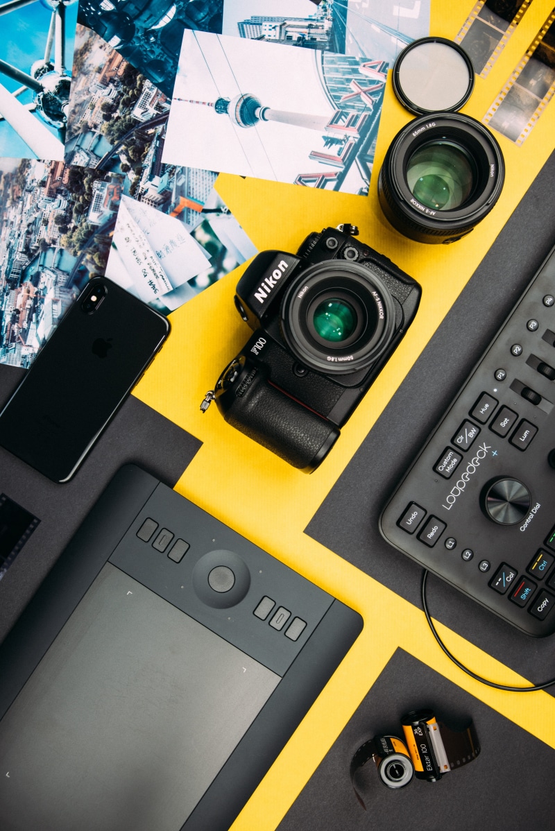 beside, 5K, single Object, photographer, tech, nikon, pictures, negative, x, camera, gray, tabletop, camera - Photographic Equipment, black Color, dslr
